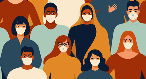 Illustration of people of different ethnicities and genders all wearing face masks